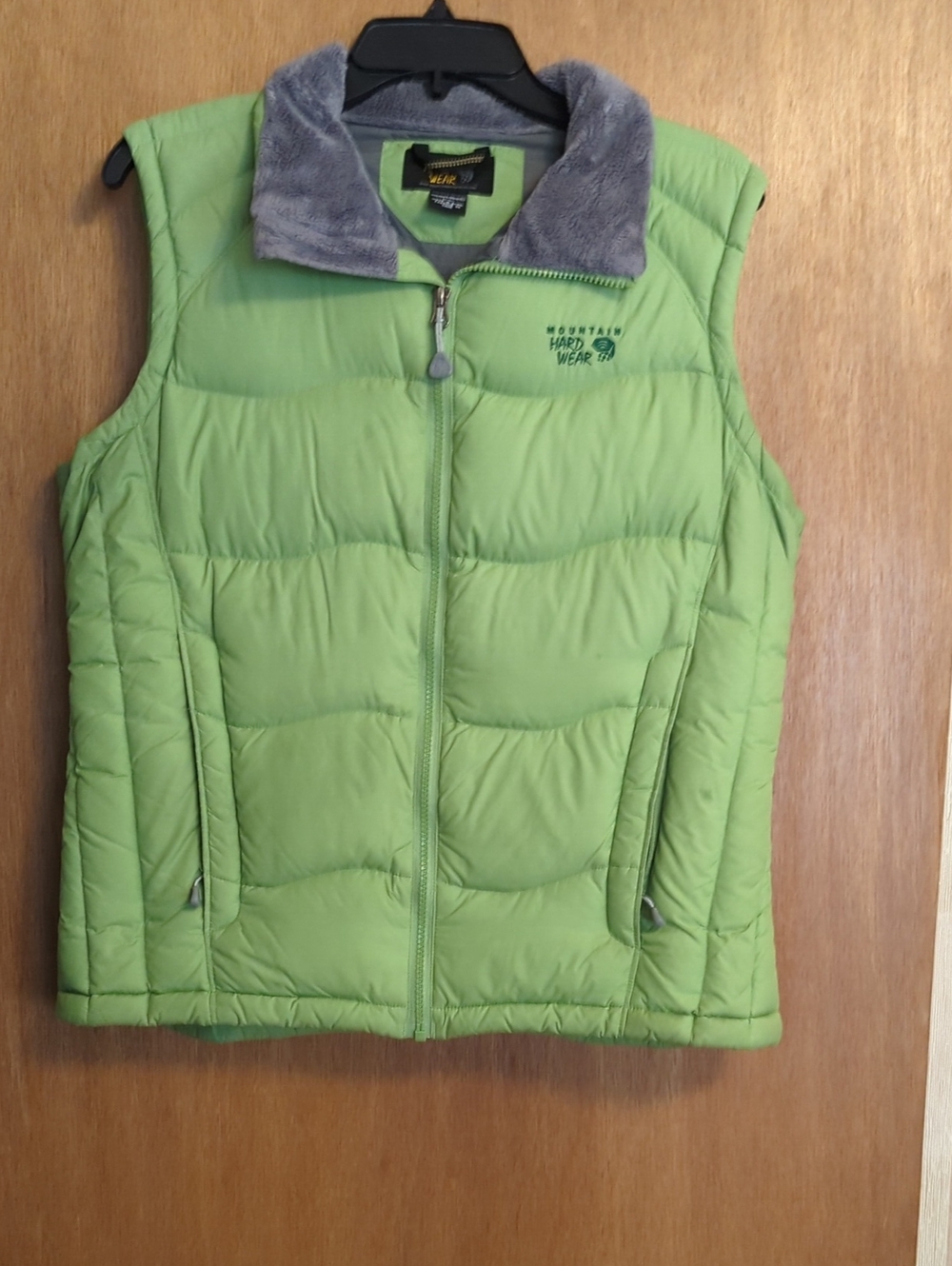 Mountain Hardwear Lime Green Puffer Vest with Gray Plush Collar